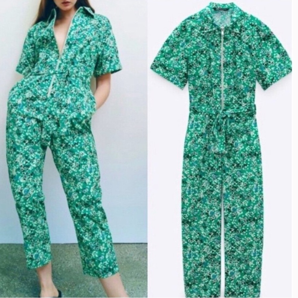 ZARA Green Floral Front  Zip jumpsuit size extra large